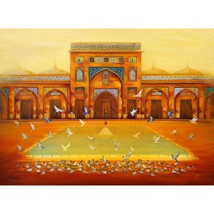 S. A. Noory, Wazir Khan Mosque - Lahore, 18 x 24 Inch, Acrylic on Canvas, Cityscape Painting, AC-SAN-111
